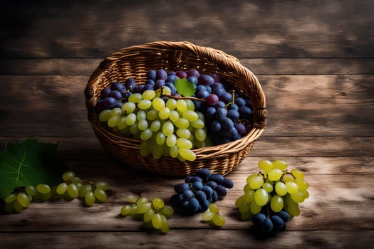 grapes in a basket on a wooden table. AI-Generated photo