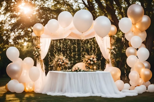wedding decoration with white balloons and a table. AI-Generated photo