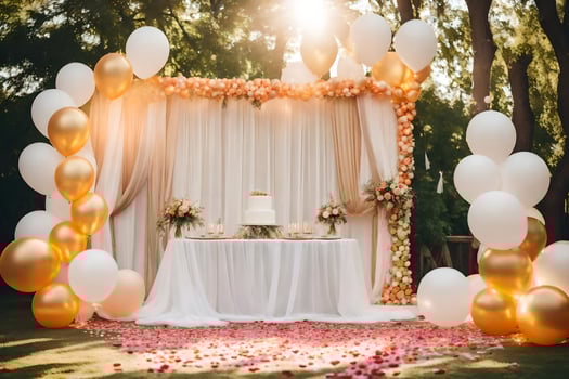 a wedding cake surrounded by gold and white balloons. AI-Generated photo