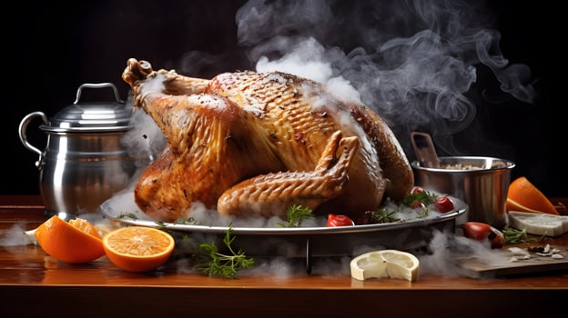 Homemade roasted turkey in thanksgiving day. AI generative photo