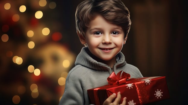 A little boy holds a gift box with a Christmas or New Year's gift. AI generated. photo