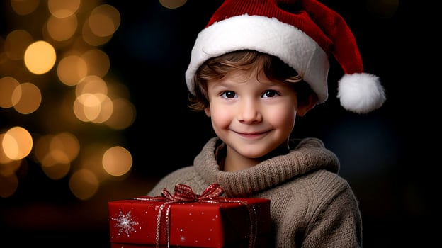 A little boy holds a gift box with a Christmas or New Year's gift. AI generated. photo