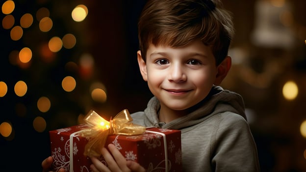 A little boy holds a gift box with a Christmas or New Year's gift. AI generated. photo