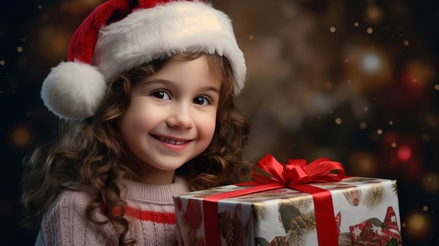 A little girl holds a gift box with a Christmas or New Year's gift. AI generated photo