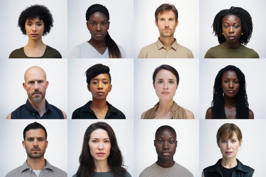 A collage of portraits of ethnically different people.AI generative photo