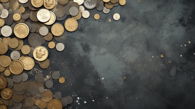 space for text on textured background surrounded by coins of money, background image, AI generated photo
