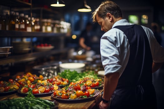 Head of Chef from behind checking food preparation AI generated photo