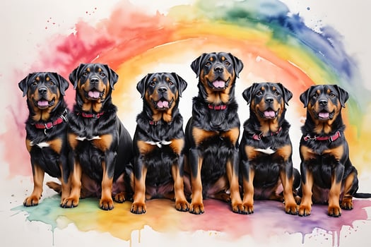 Set of dogs breed Rottweiler painted in realistic colorful rainbow watercolor on white background photo