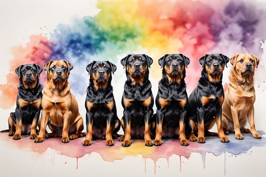Set of dogs breed Rottweiler painted in realistic colorful rainbow watercolor on white background photo