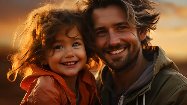 Father and little daughter hug and smile at the camera. Good father concept photo