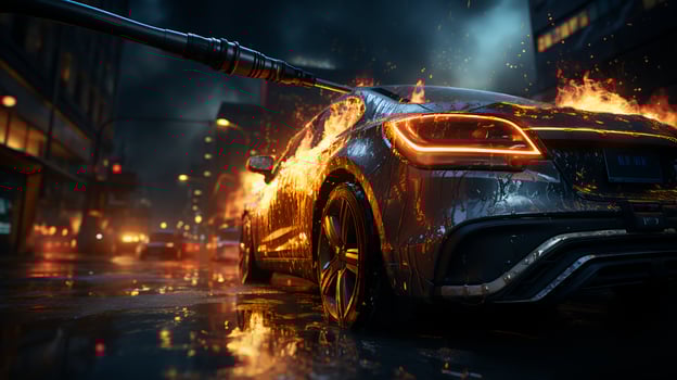 AI-Generated Fast racing car driving in a big city on a blurred background photo