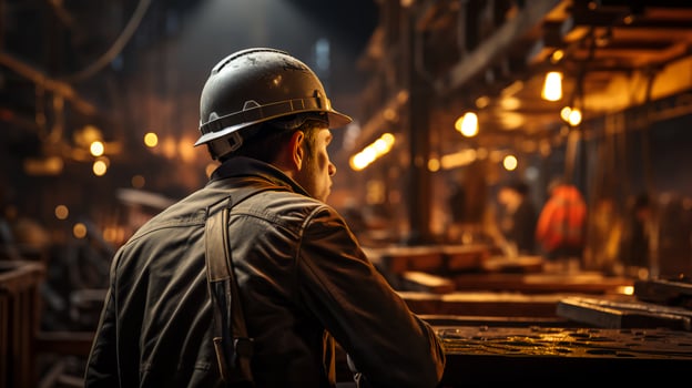 Oil refinery engineer, oil industry worker stands in front of a large chemical plant photo