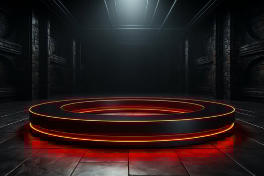 Ai Generated photo red light round podium and black background for mock up realistic image