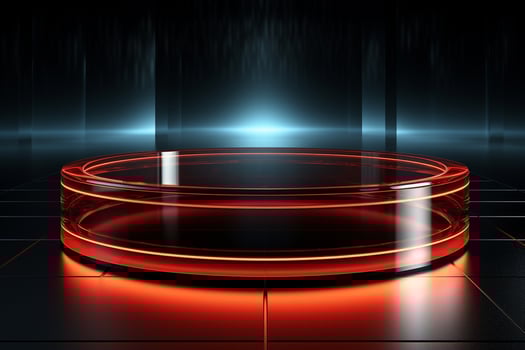 Ai Generated photo red light round podium and black background for mock up realistic image