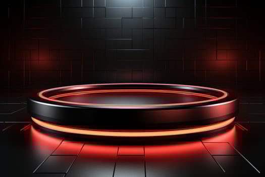 Ai Generated photo red light round podium and black background for mock up realistic image