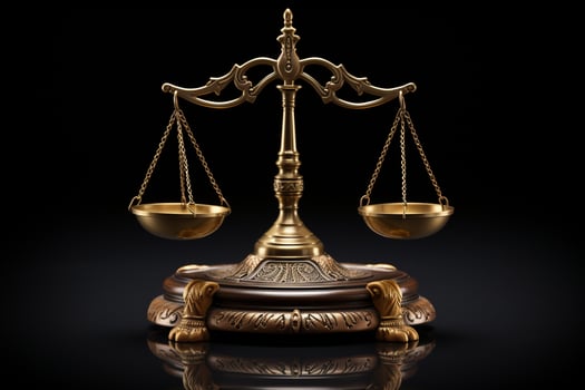 Law and justice concept. Scales of justice on wooden table. Ai generative photo