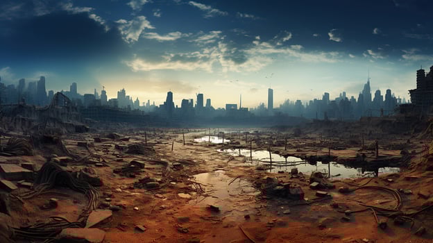 Post-war ruined city, dead wasteland. Destroyed buildings, destroyed roads, collapsed skyscrapers. Generative AI photo
