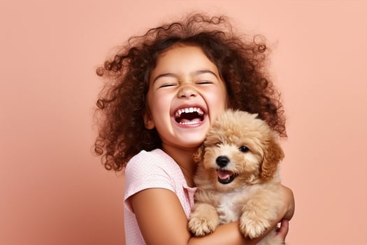 AI generated Portrait of a happy cute little girl with a puppy photo