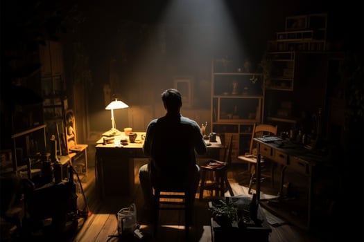 Dollhouse living room in the dark, man on table, pandemic reminder AI Generated photo