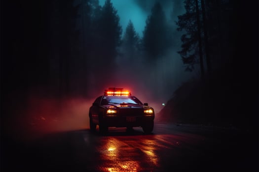 Emergency police car races through the fog, pursuing a vehicle AI Generated photo