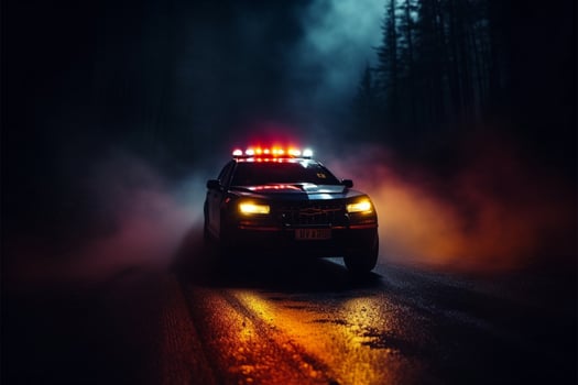 Emergency police car races through the fog, pursuing a vehicle AI Generated photo