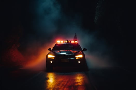 Emergency police car races through the fog, pursuing a vehicle AI Generated photo