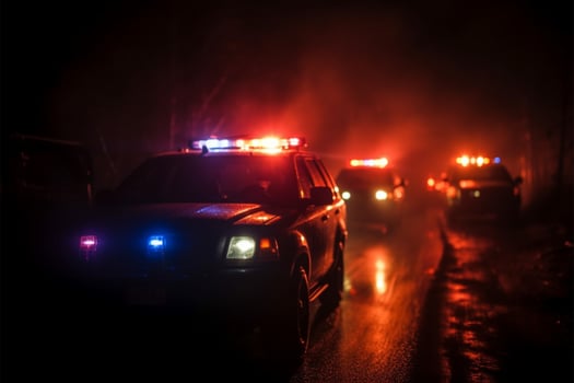Nighttime pursuit Police cars race through fog in emergency response AI Generated photo
