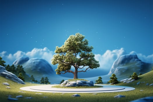 A tree serves as a natural podium for product presentation AI Generated photo
