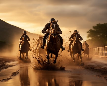 An intense moment captured during a horse race as jockeys, with sheer determination, push their horses to gain an advantage in the crucial last curve. AI Generated photo