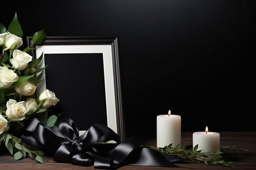 White roses with ribbon and photo frame on black background.Funeral Concept AI generated
