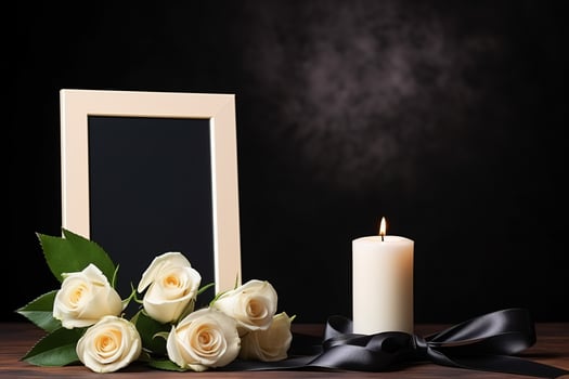 White roses with ribbon and photo frame on black background.Funeral Concept AI generated