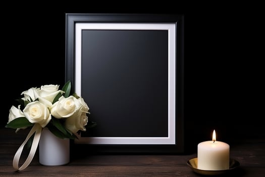 White roses with ribbon and photo frame on black background.Funeral Concept AI generated