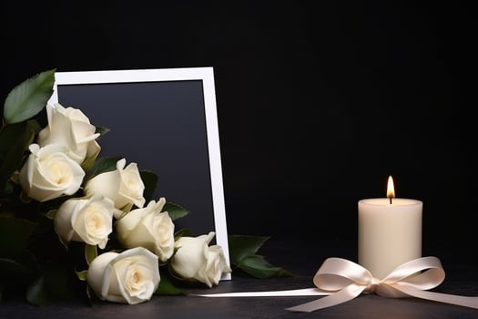 White roses with ribbon and photo frame on black background.Funeral Concept AI generated