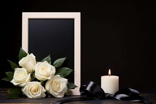 White roses with ribbon and photo frame on black background.Funeral Concept AI generated