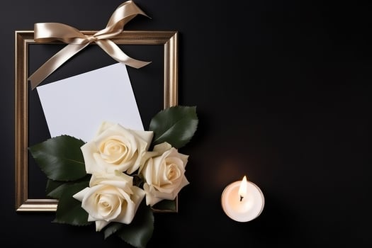 White roses with ribbon and photo frame on black background.Funeral Concept AI generated