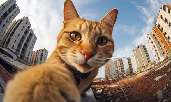 Curious feline capturing itself with a camera. AI generative. photo