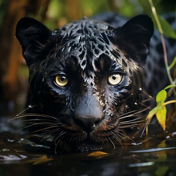 a black leopard lurks behind the leaves in the jungle AI Generative photo