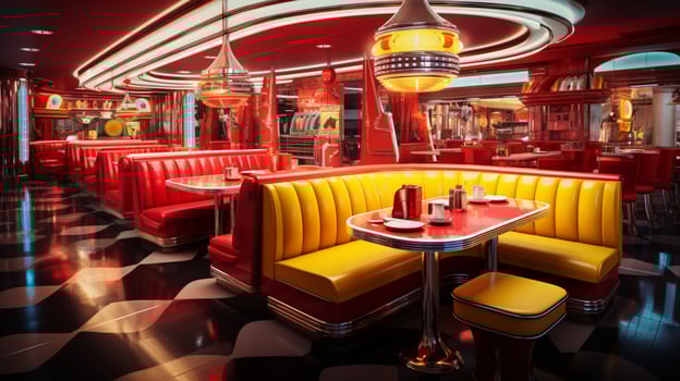 Retro vintage diner restaurant, interior design, stylish old fashioned design concept, AI Generative photo