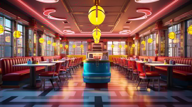 Retro vintage diner restaurant, interior design, stylish old fashioned design concept, AI Generative photo