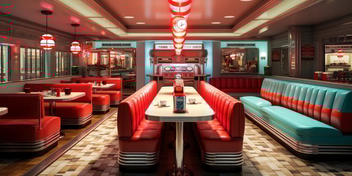 Retro vintage diner restaurant, interior design, stylish old fashioned design concept, AI Generative photo