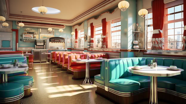 Retro vintage diner restaurant, interior design, stylish old fashioned design concept, AI Generative photo