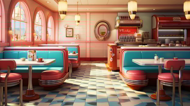 Retro vintage diner restaurant, interior design, stylish old fashioned design concept, AI Generative photo
