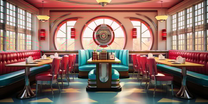 Retro vintage diner restaurant, interior design, stylish old fashioned design concept, AI Generative photo