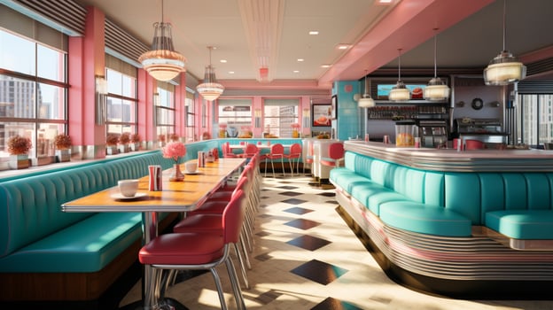 Retro vintage diner restaurant, interior design, stylish old fashioned design concept, AI Generative photo