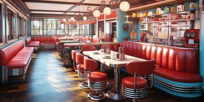 Retro vintage diner restaurant, interior design, stylish old fashioned design concept, AI Generative photo