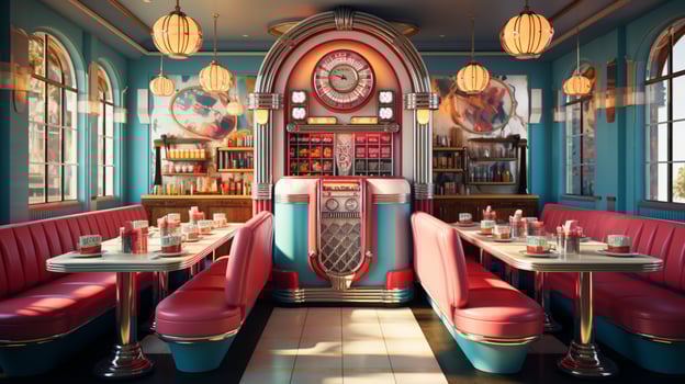 Retro vintage diner restaurant, interior design, stylish old fashioned design concept, AI Generative photo