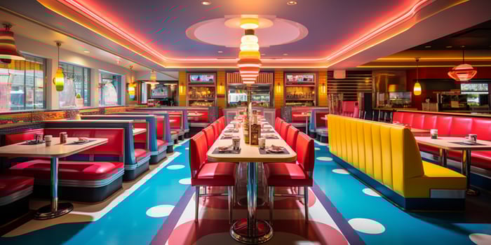 Retro vintage diner restaurant, interior design, stylish old fashioned design concept, AI Generative photo