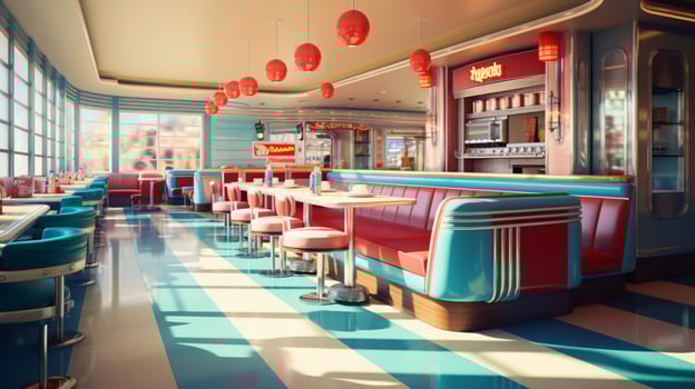Retro vintage diner restaurant, interior design, stylish old fashioned design concept, AI Generative photo