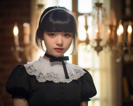Cute asian young girl dressed in lolita maid dress AI Generative photo