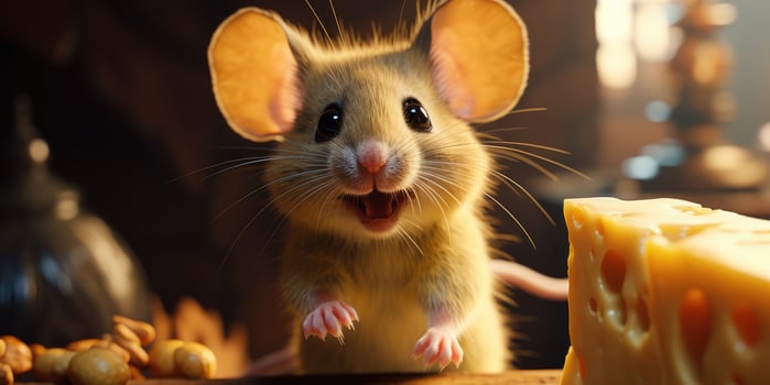Cute mouse standing by eating delicious cheese AI Generative photo